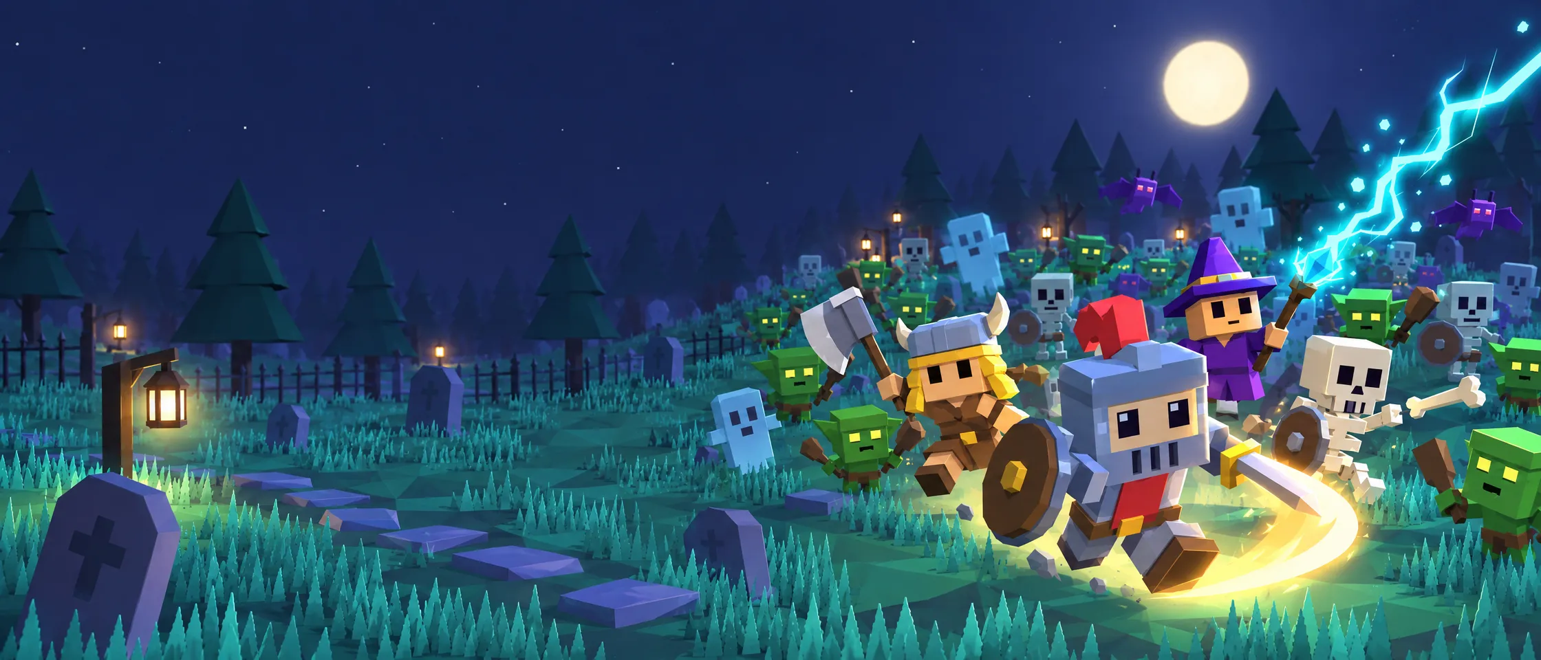 Bonkyard key art: Sir Clonk, Hilda, Zappa and Ribs charge into a horde of goblins, skeletons and ghosts in a moonlit graveyard