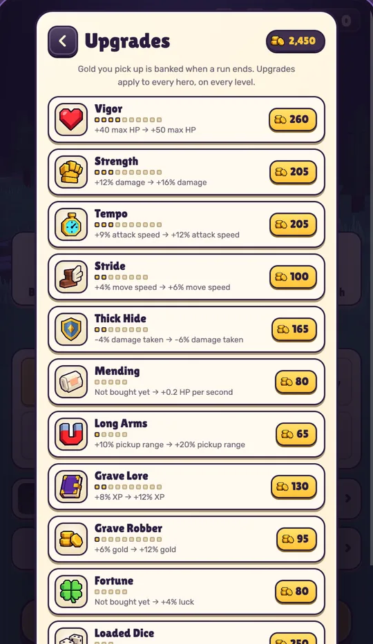 The upgrade shop with permanent upgrades such as Vigor, Strength and Second Wind